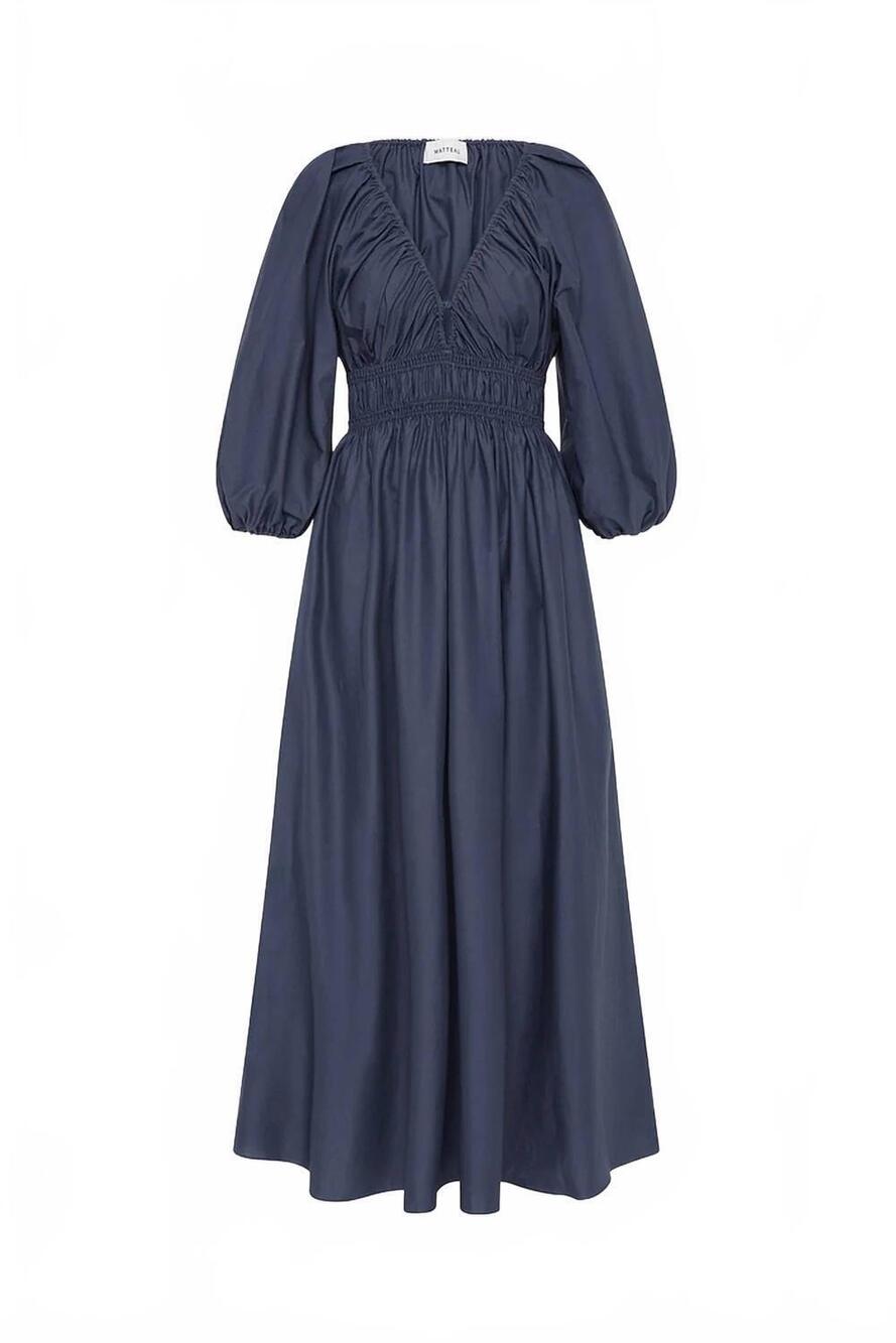NEW MATTEAU women's shirred plunge button dress in blue